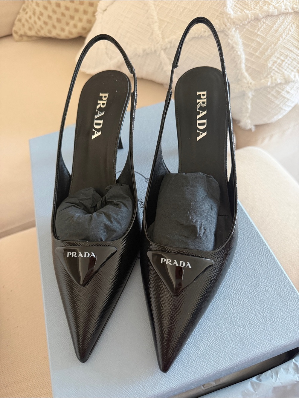 Prada Black Pointed Slingback Pumps with Logo Plaque